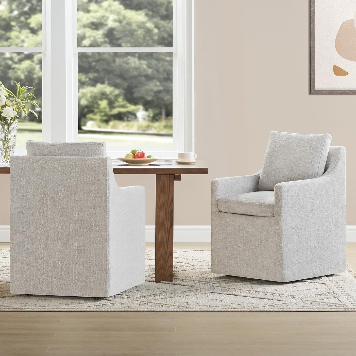 Upholstered Dining Chairs with Casters Easy Assembly Side Deskchair with Rollers for Diningroom, Living Room, Linen, 2 Box