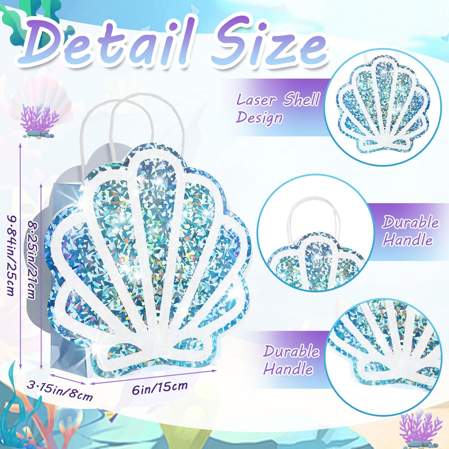 Sariiraw 16 Pack Mermaid Party Favor Bags with Handles, Holographic Seashell Goodie Bags for Under The Sea Theme Party Decorations, Mermaid Birthday, Baby Shower Supplies, 6"x3.1"x9.8"