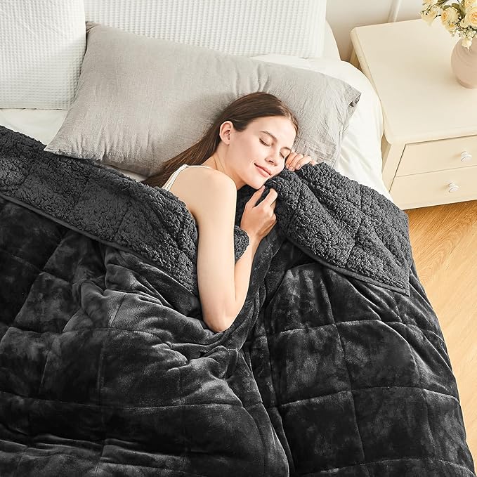 Cottonblue Sherpa Fleece Weighted Blanket 15lbs for Twin/Full Ded - Plush Bed Blanket for Deep Sleep and Relaxation, Heavy Calm Blankets with Cemaric Beads, 48x72 Inches, Black