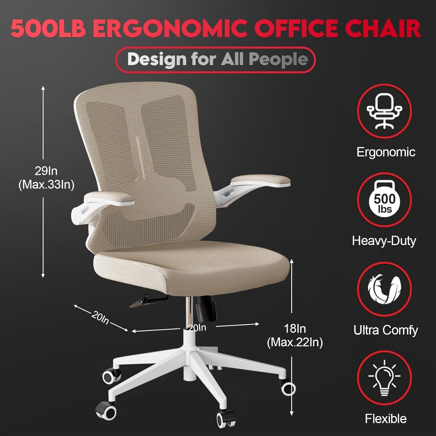 Ergonomic Office Chair - Comfy Desk Chairs with Wheels & Arms, 400LB Heavy Duty Mesh Computer Chair with Comfortable Lumbar Back Support for Home, Office, Study, Bedroom, College Dorm