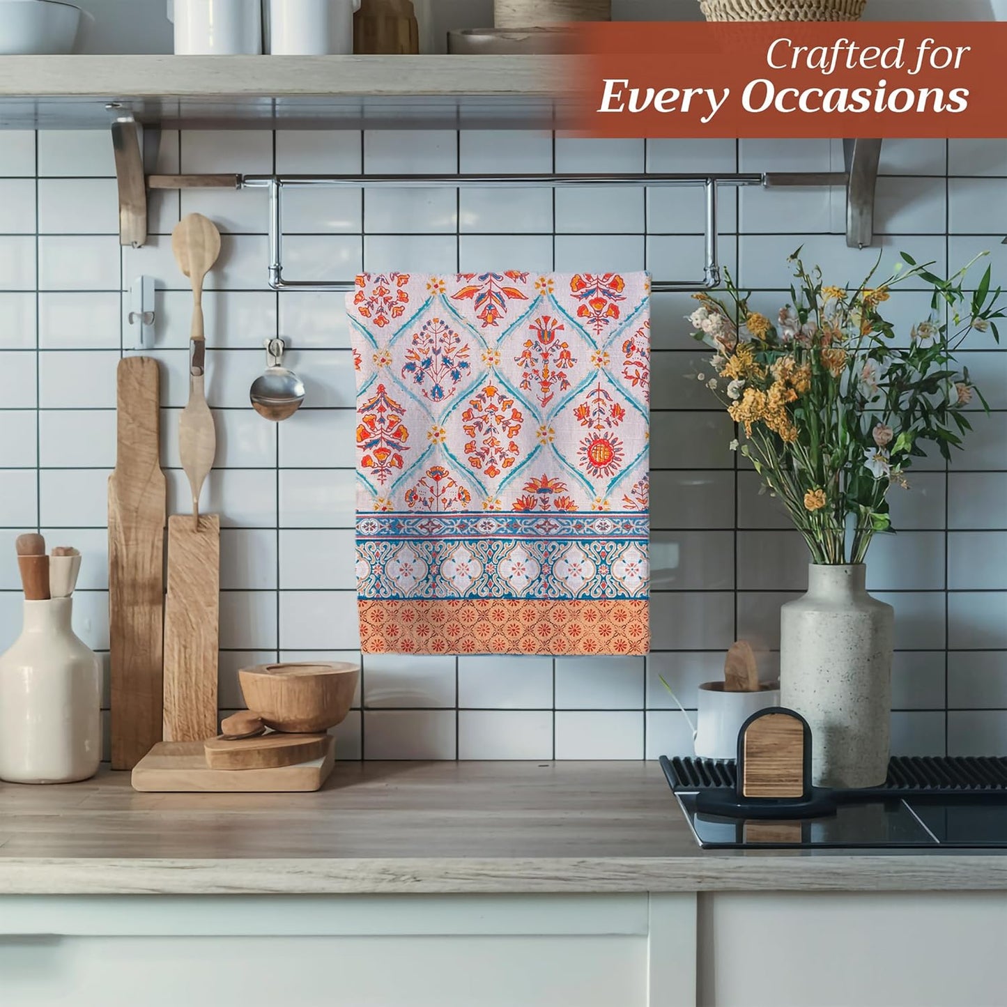 Maison d' Hermine Kitchen Towels Set of 3 100% Cotton 20" x 27.5" Reusable Cloth Tea Dish Towels Absorbent with Hanging Loop for Kitchen Dining Thanksgiving Christmas Decorations (Romane)