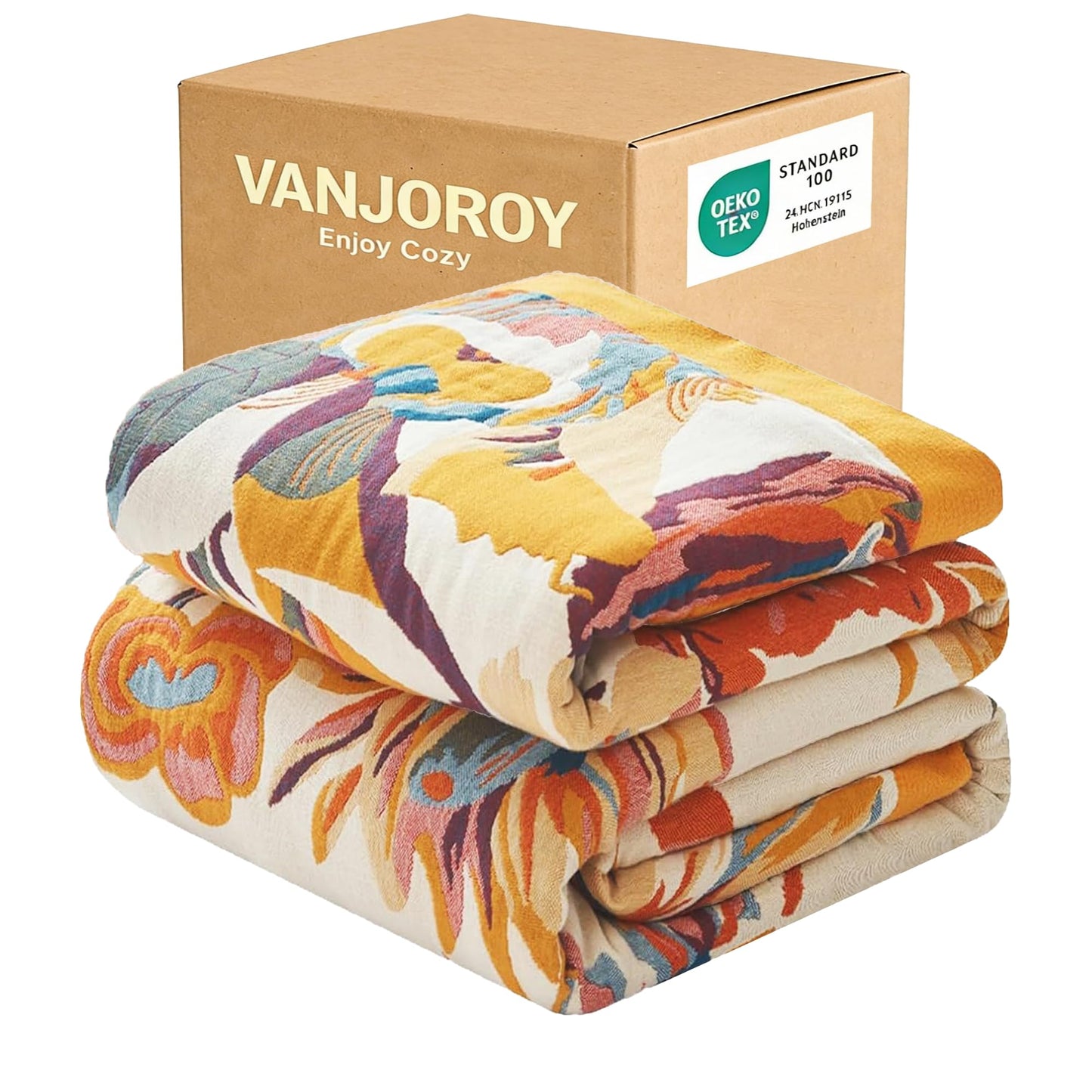 VANJOROY Boho Throw Blanket 60" x 80", 100% Organic Cotton Skin-Friendly Lightweight Ultra Soft Bed Quilt Throw - Spring Floral Butterfly Farmhouse Decor Blanket for Sofa Couch Chair and Gift.