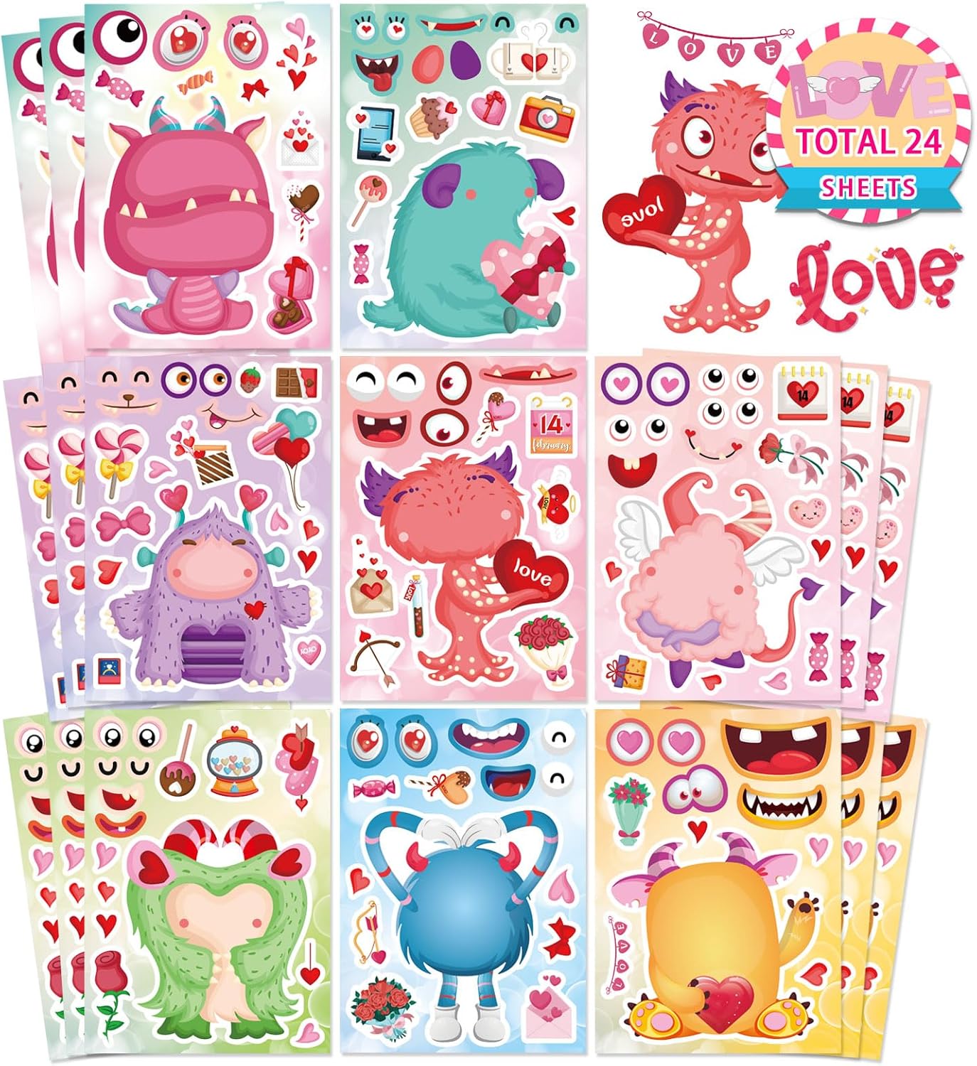 DUJAA Make a Monster Face Stickers 24PCS Valentine's Day Stickers for Kids, Monster Theme Crafts Party Game School Classroom Reward Gift