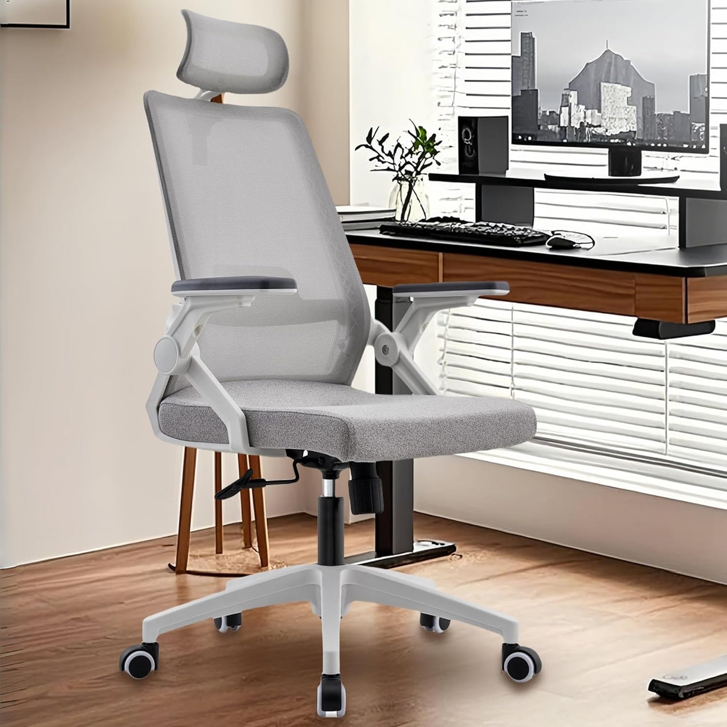 Ergonomic Swivel Task Chair High Back Home Desk Chair Computer Office Chair Mesh Rolling Work Chairs with Headrest and Lumbar Support Grey