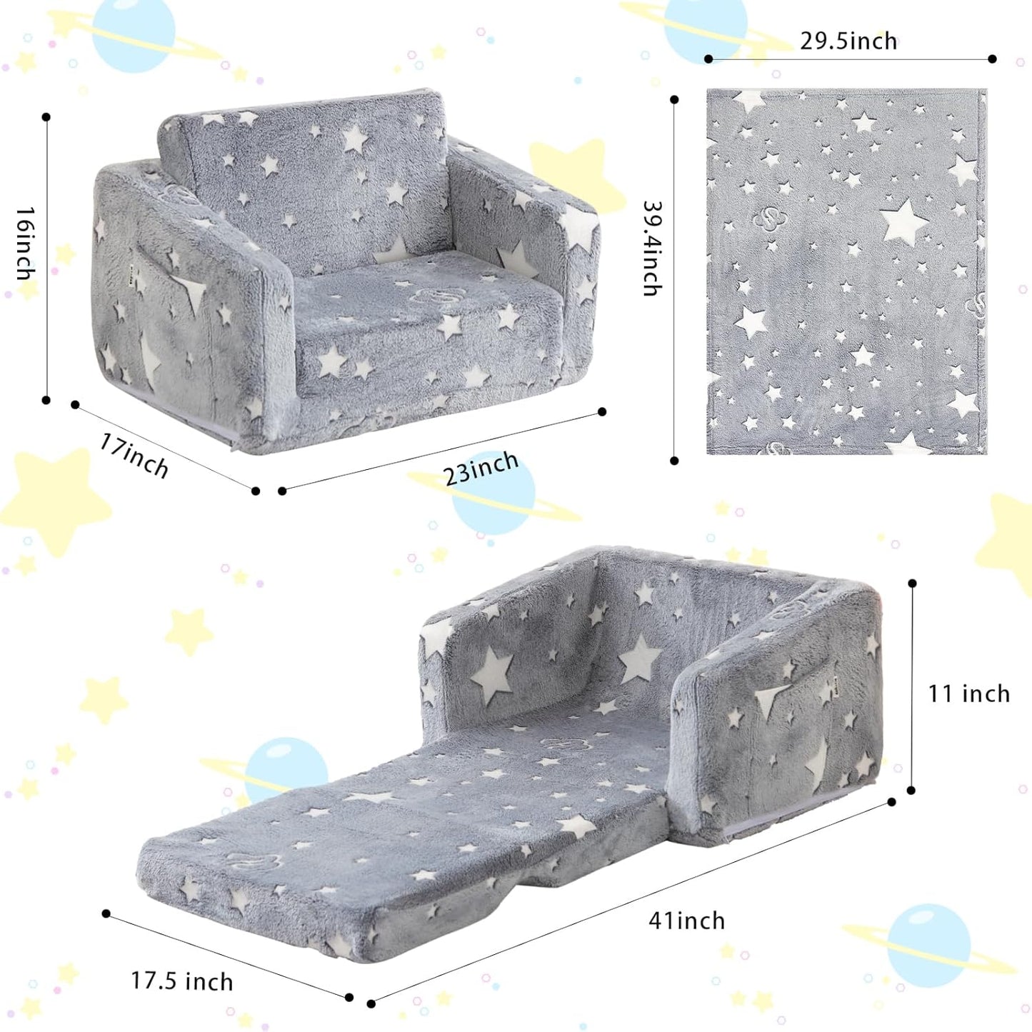 Kids Couch Fold Out, Foldable Toddler Couch with Blanket, Kids Sofa for Girls & Boys, Flip Out Toddler Chair, Convertible Sofa to Lounger for Children Age 1-3 (Glow Star)