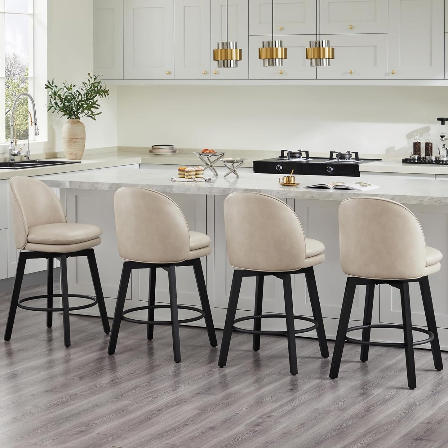 Counter Height Barstools 26 inch Upholstered Swivel Bar Stools with Back and Wood Legs for Kitchen Island,Set of 3,Beige PU Leather-Armless