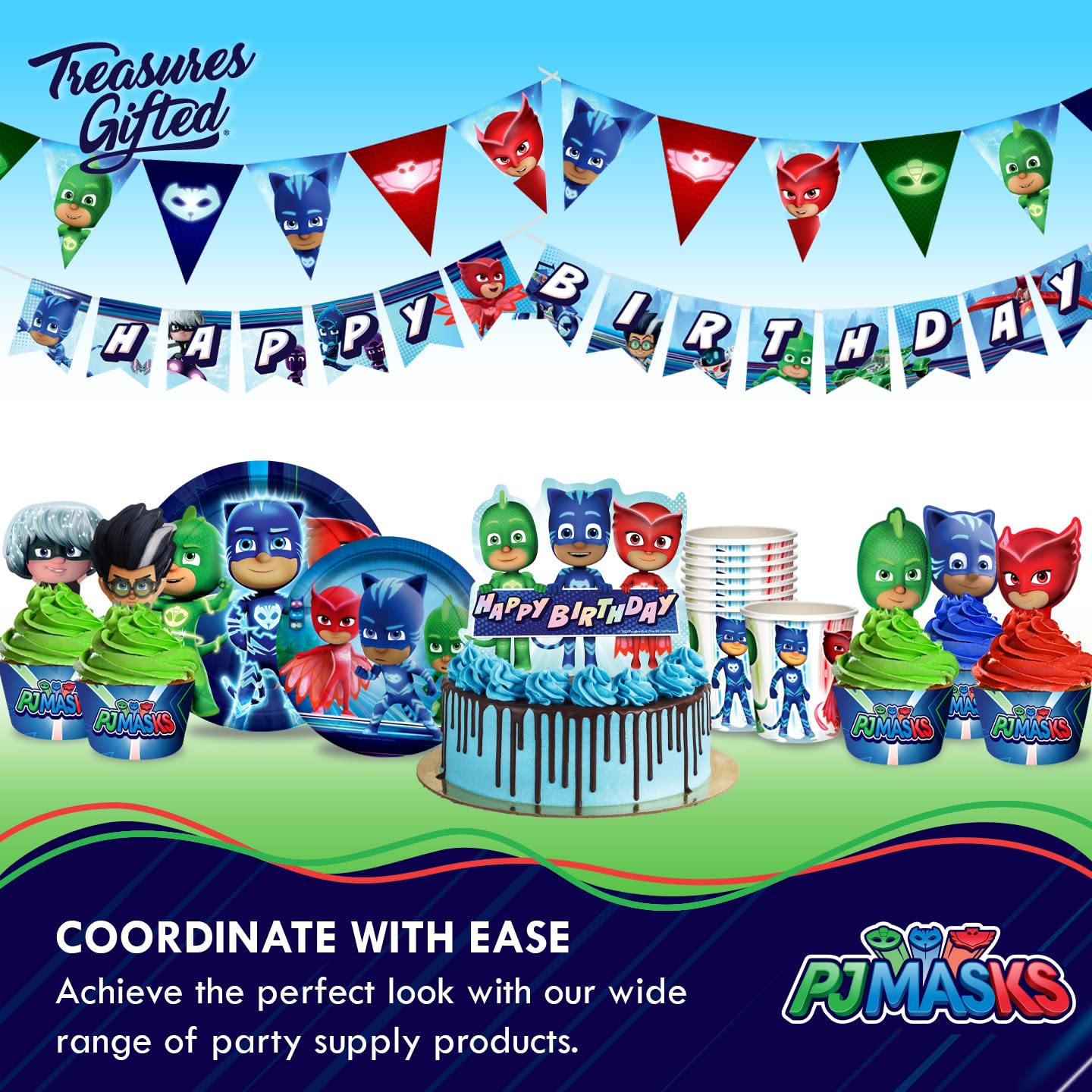 Treasures Gifted Officially Licensed PJ Masks Party Decorations - Cake Topper Set - PJ Masks Birthday Party Supplies - (1) Cake Topper & (24) Cupcake Toppers & Wrappers