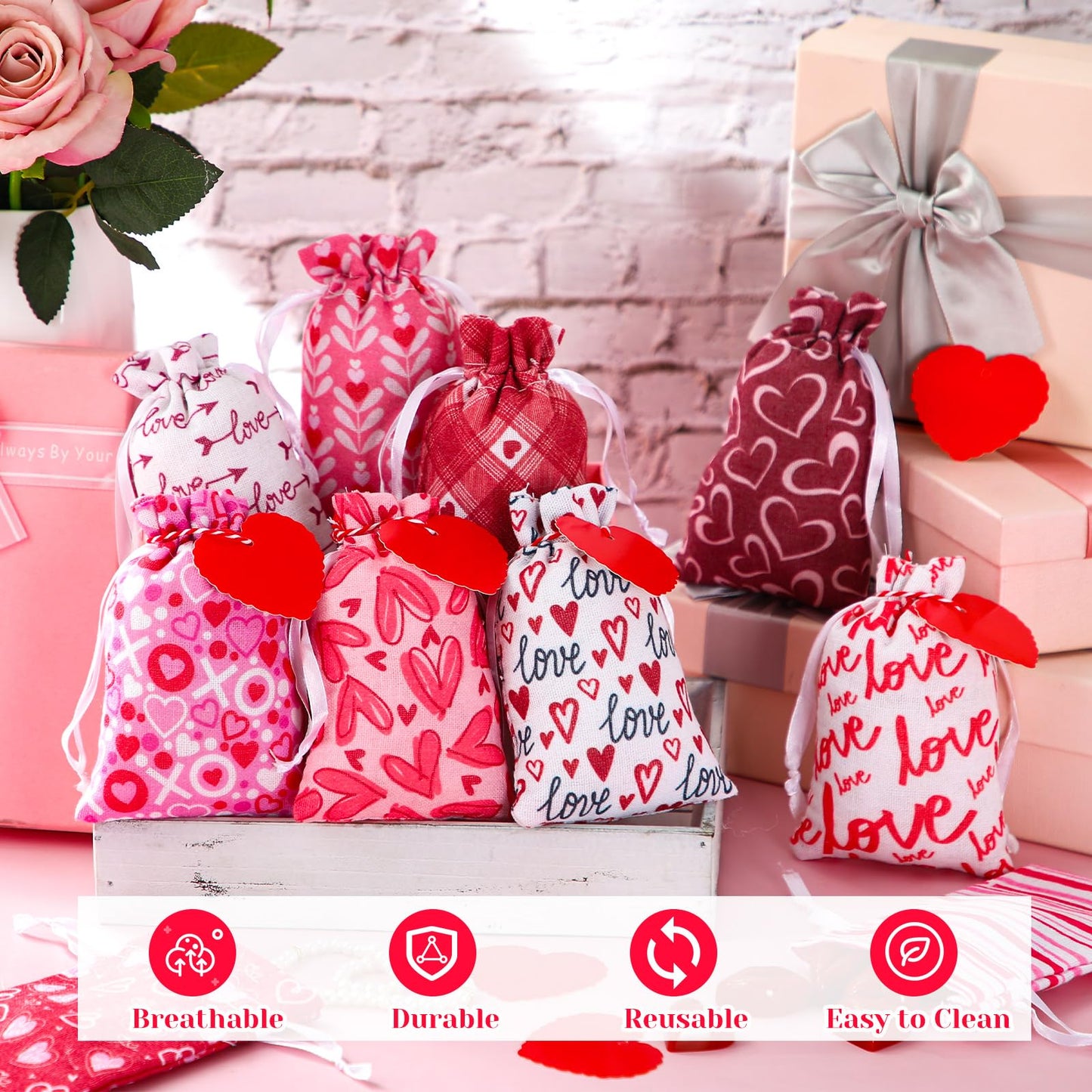 Sweetude 50 Pcs Valentine's Day Burlap Gift Bags with Heart Tag 4 x 6 Inch Small Drawstring Bags Reusable Goody Treat Pouches for Candy DIY Crafts Wedding Favors Party Supplies