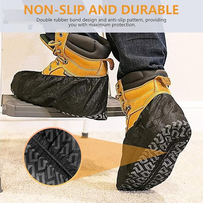 Shoe Covers Disposable 200 Pack (100 Pairs) - Durable, Non-Slip, Water Resistant, and Recyclable Boot Covers for Indoor and Outdoor Use - One Size Fits Most (Non-woven-Black)