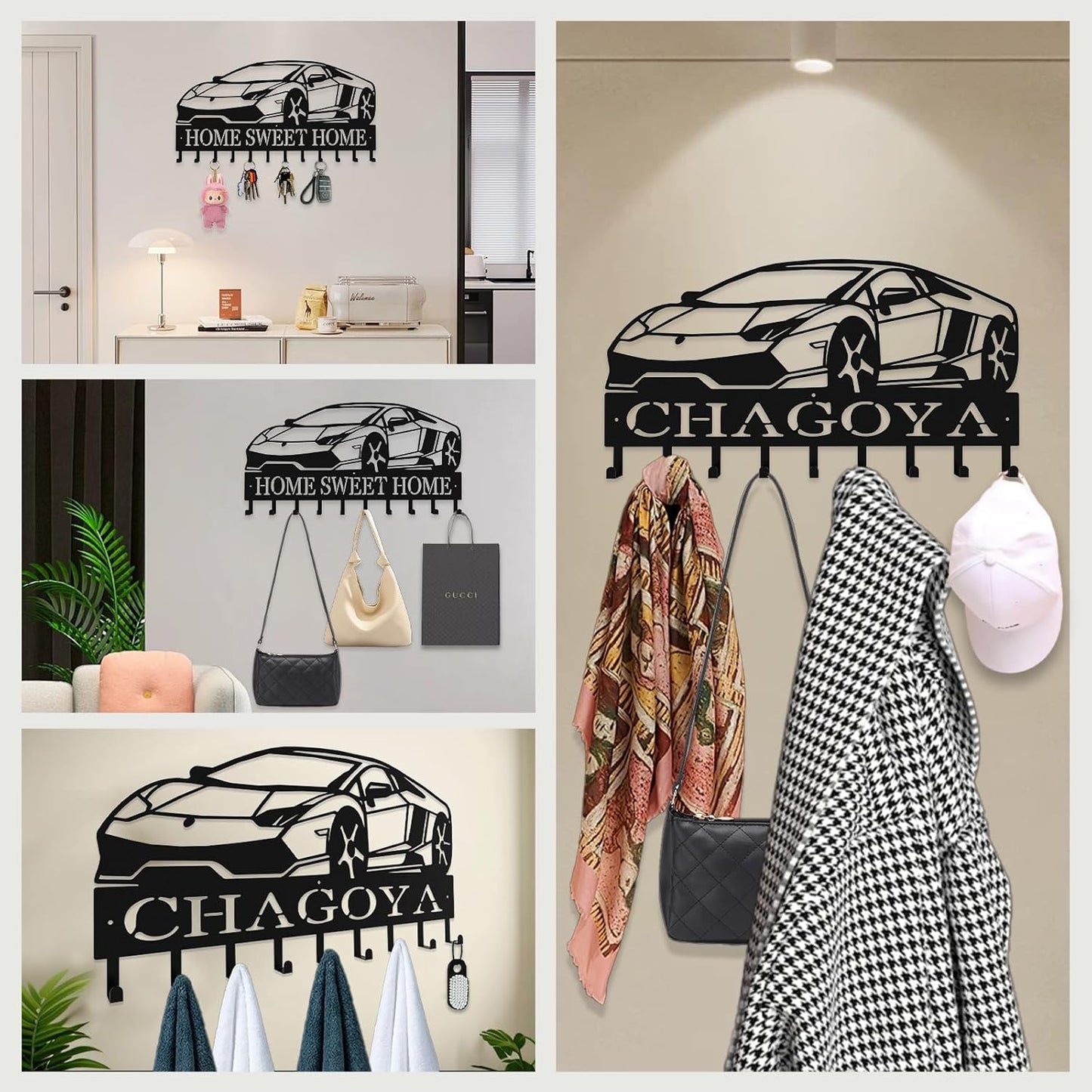Personalized Key Hooks for Wall,Custom Name Black Car Key Holder Wall Mounted,Fashion Coat Rack,Metal Key Hanger with Hooks,Key Rack Organizer for Entryway,Hallway,Doorway