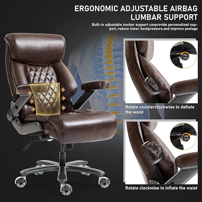 DYHOME 700LBS Heavy Duty Office Chair with 4d Armrest, Big and Tall Office Chair, Ergonomic Computer Chair with Airbag Lumbar Support, Wider Thicker Seat Cushion, PU Comfy Office Desk Chairs, Brown