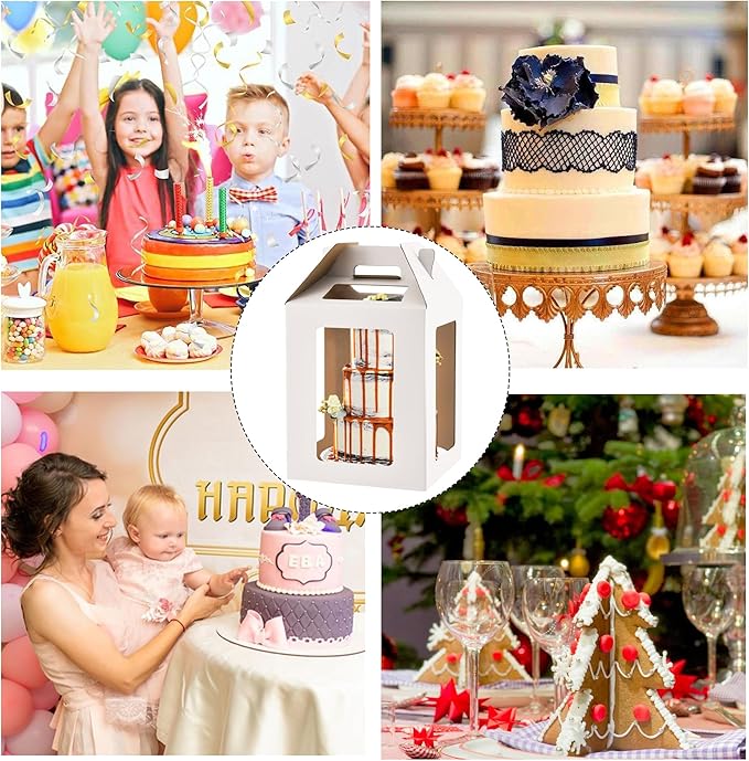Tall Cake Box with Windows, 10x10x12 & 12x12x14 inches, Large Tiered Cake Boxes，Cake Carrier Container Set for 10 & 12 inch Cakes, White, 2 Pack