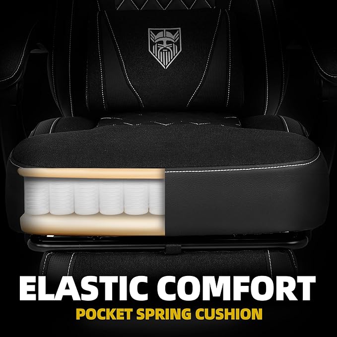 Vonesse Gaming Chair, Reclining Fabric Gaming Chairs for Adults 250LBS, Office Chair with Pocket Spring Cushion, Computer Chair with Footrest and Massage Lumbar Support (Black)