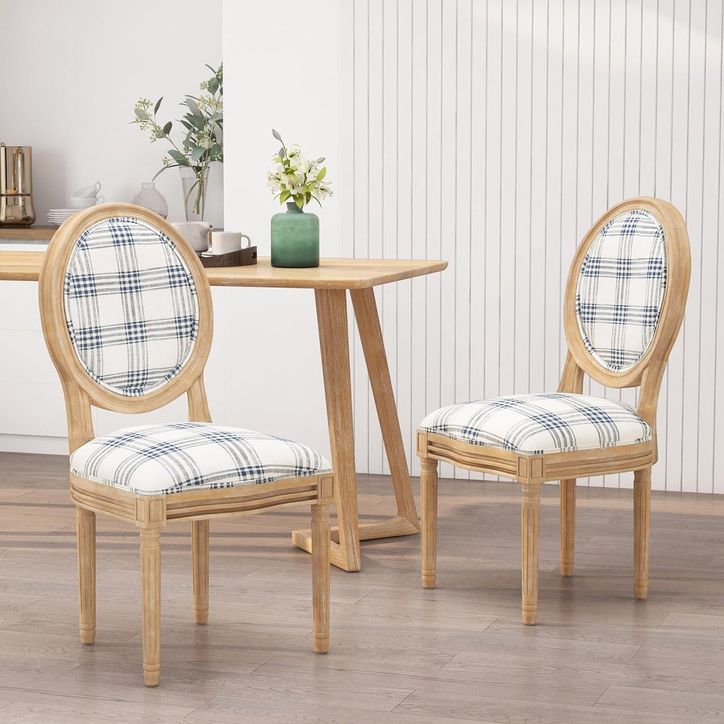 Christopher Knight Home Phinnaeus Dining Chair Set, Set of 2, Fabric, Dark Blue Plaid + Natural