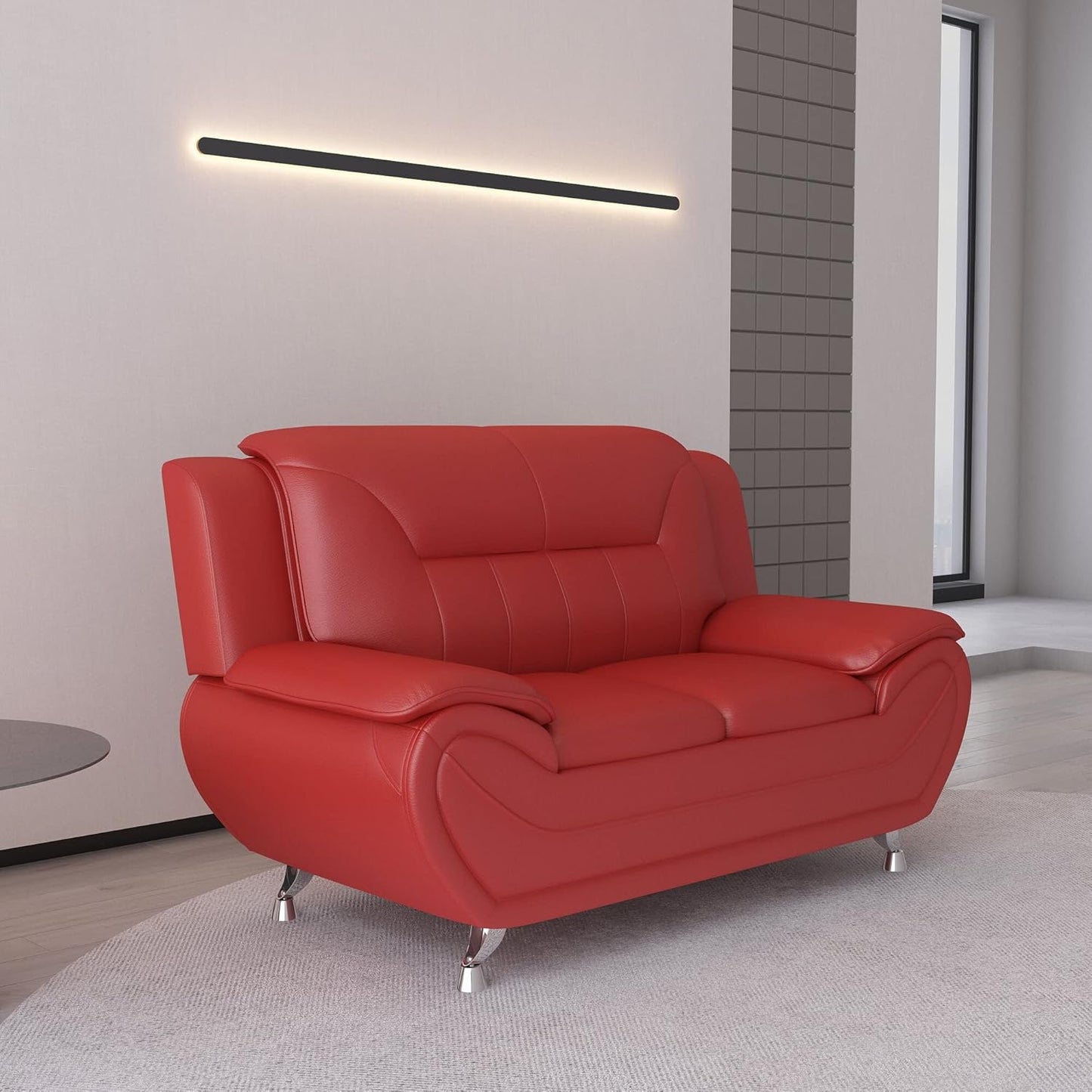 Container Furniture Direct Michael Modern Faux Leather Upholstered Stainless Steel Legs Living Room Loveseat, Persian Red
