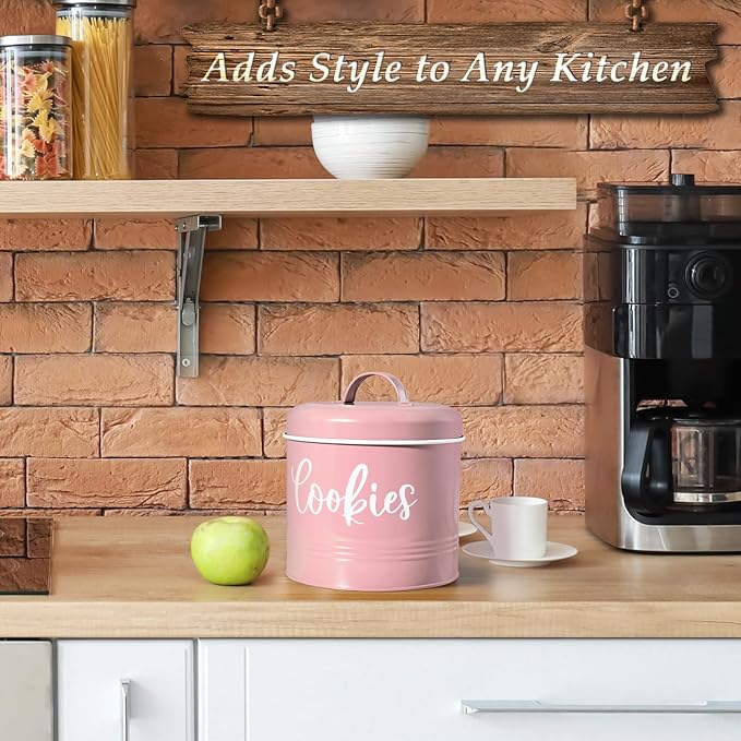 Pink Cookie Jar for Kitchen Counter, 1 Gallon Vintage Cookie Jar with Airtight Lid, Large Food Storage Container for Candy, Cookies, Dessert, Farmhouse Kitchen Decor and Accessories