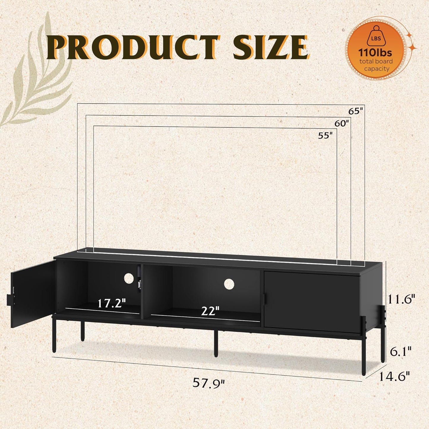 WLIVE Modern TV Stand for 65 Inch TV, Mid Century Entainment Center with Storage, TV Console with Open Shelf and 2 Cabinets for Bedroom and Living Room, TV Cabinet with Metal Legs, Black