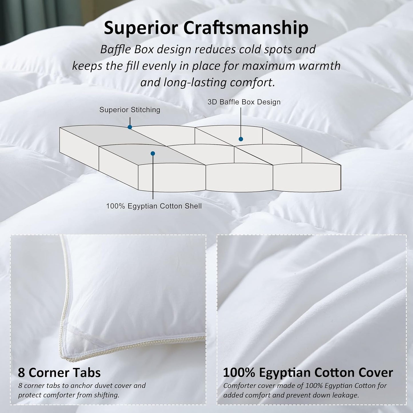 Luxurious Goose Down Feather Fiber Comforter Duvet Insert, Exquisite Solid White Design, Oversize Palatial King White 120 x 98, Premium Baffle Box 100% Egyptian Cotton, 80 oz Fill Weight