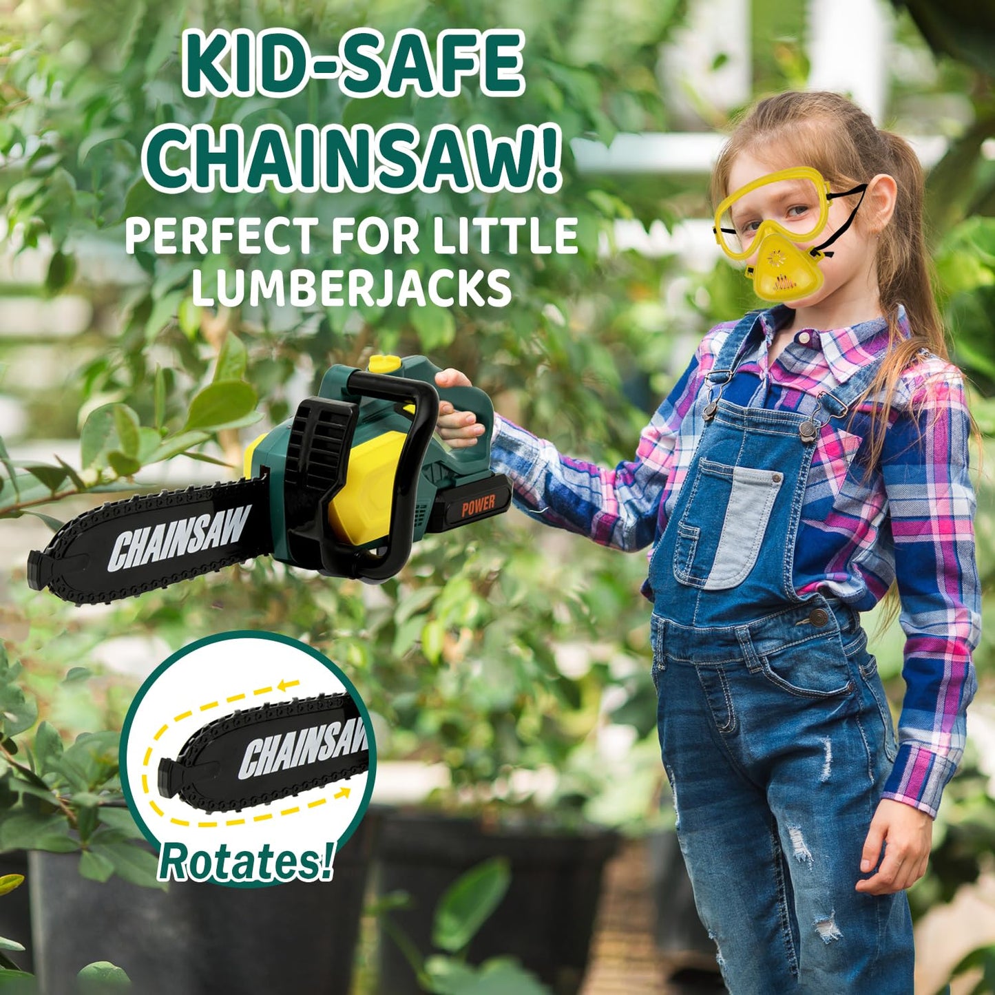 TeganPlay Kids Leaf Blower, Toy Chainsaw, and Lawn Mower Set | Realistic Toddler Landscaping Power Tools with Sound and Action| Includes Safety Goggles Mask and Earmuffs