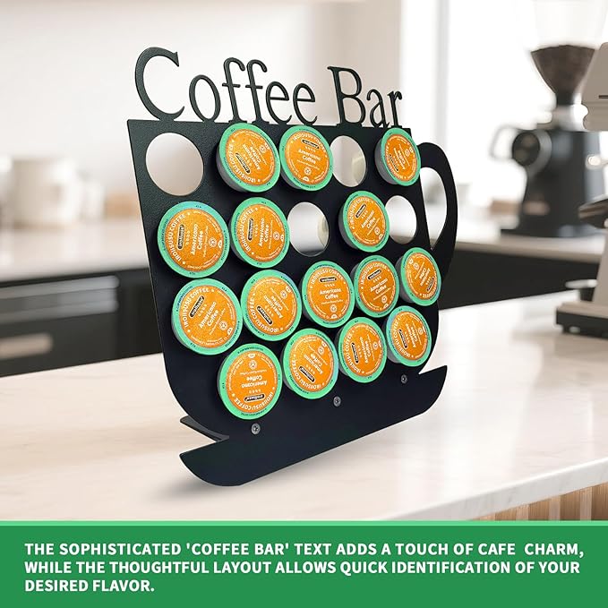 KingLive K Cups Holder Coffee Pod Holder Display, Coffee Bar Design Metal Stand, 19 Pods, Kitchen or Office Home Counter Organizer (Black)