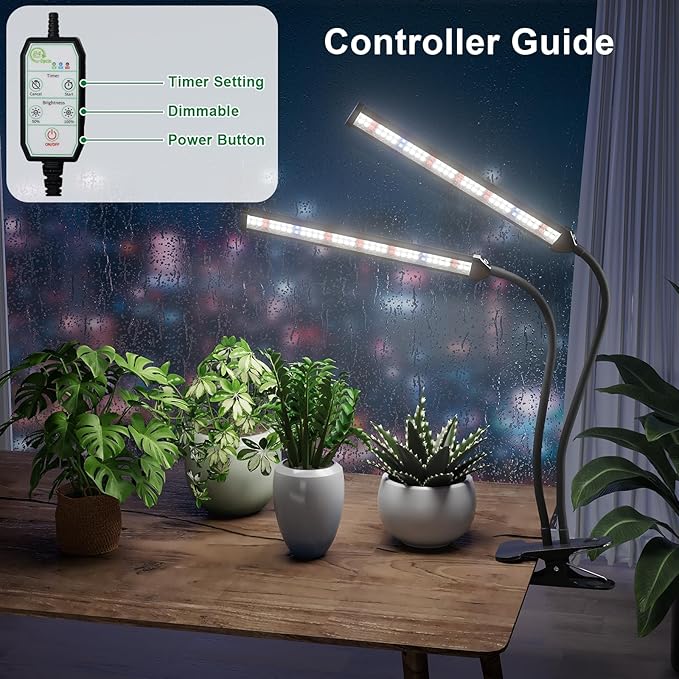 GooingTop Grow Light LED Gooseneck Lamp,Dual-Head White Full Spectrum 148 LED Plant Lamp with Red Blue Light Clip-on Desk for Indoor Plants Growing,Diming & Auto Timer,Super Bright