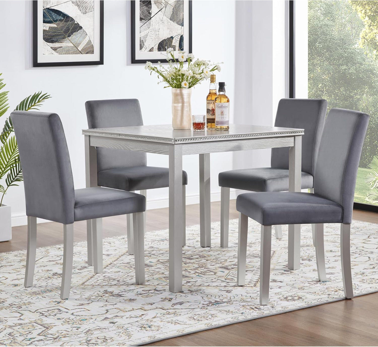 KEIKI 5-Piece Standard Height Dining Table Set with Square Table and 4 Upholstered Chair, for 4 Person, Classic Crystal Decoration Wood Table Set, Easy Assembly, for Kitchen, Dining Room, Silver Grey