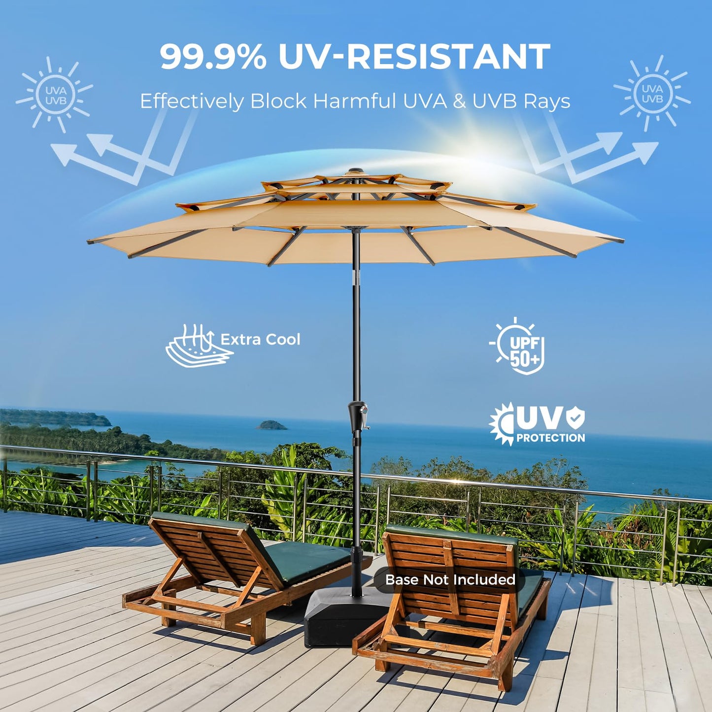 HOMSHADE 9FT 3-Tiers Outdoor Patio Umbrella with 5-Year Fade Resistant,Vented Outdoor Commercial Market Umbrella with UPF50+ UV Protection & Push Button Tilt and Crank for Pool,Backyard(Beige)