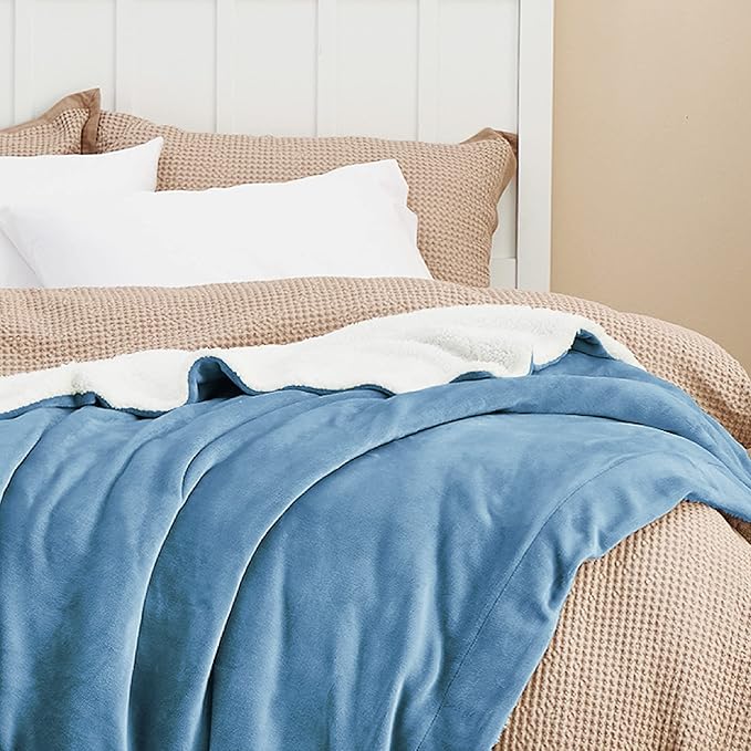 Bedsure GentleSoft Sherpa Fleece Blankets Queen Size for Bed - Thick and Warm Throw for Women and Men, Soft Fuzzy Plush Queen Blanket for Winter, Non-Heated, Washed Blue, 90x90 Inches