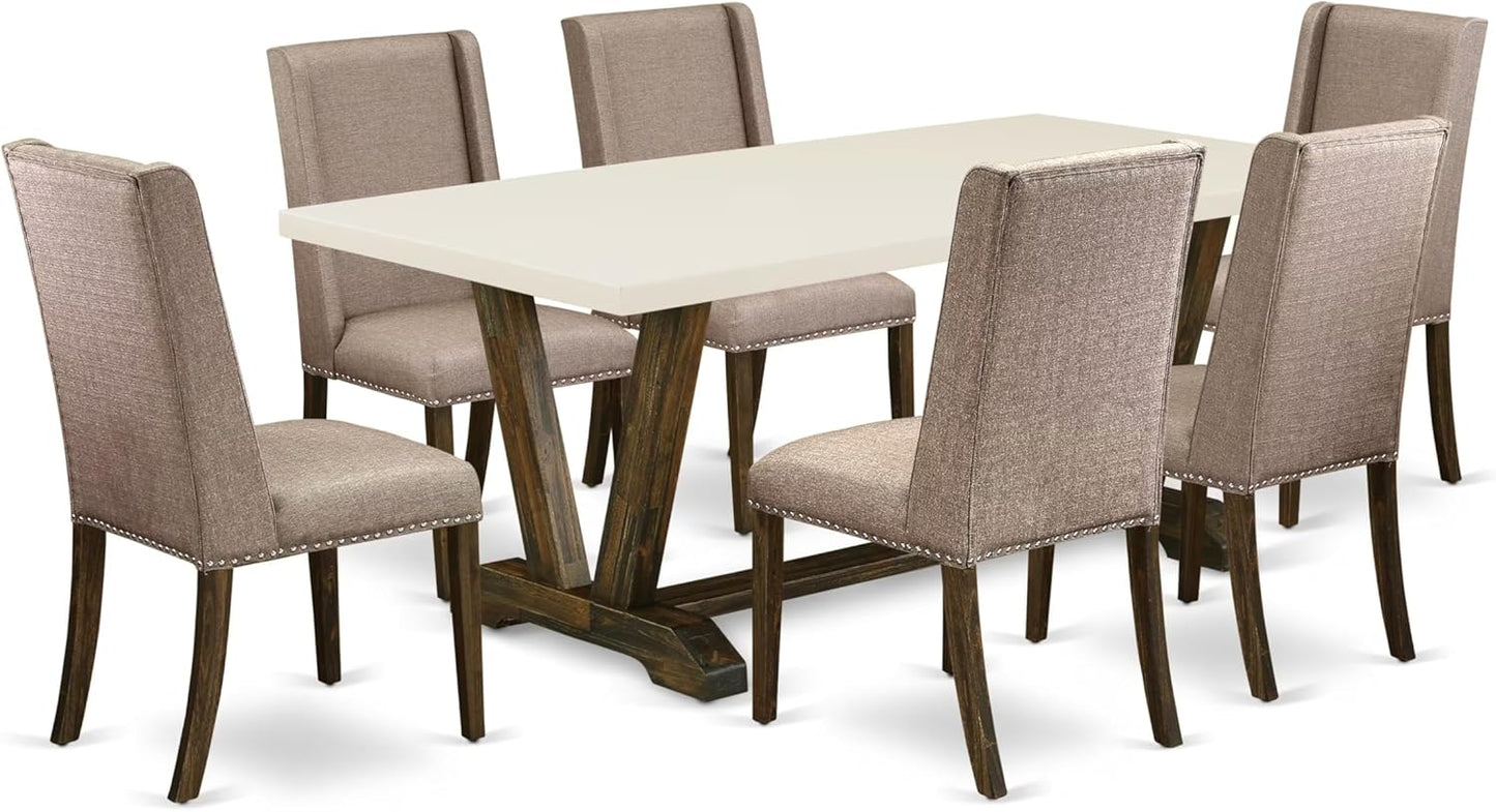 East West Furniture V727FL716-7 7 Piece Dining Room Table Set Consist of a Rectangle Kitchen Table with V-Legs and 6 Dark Khaki Linen Fabric Parson Dining Chairs, 40x72 Inch, Multi-Color