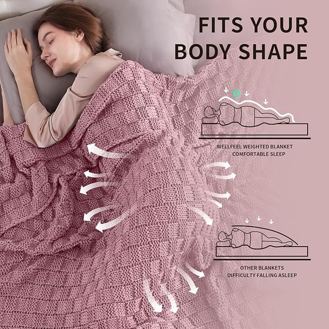 Knitted Weighted Blanket for Adult, No Beads Heavy Blanket 50” x 60'' 7lbs, Breathable Chunky Knit Blanket, Cooling Weighted Blanket for Hot Sleepers, Christmas Home Decor (Pink)