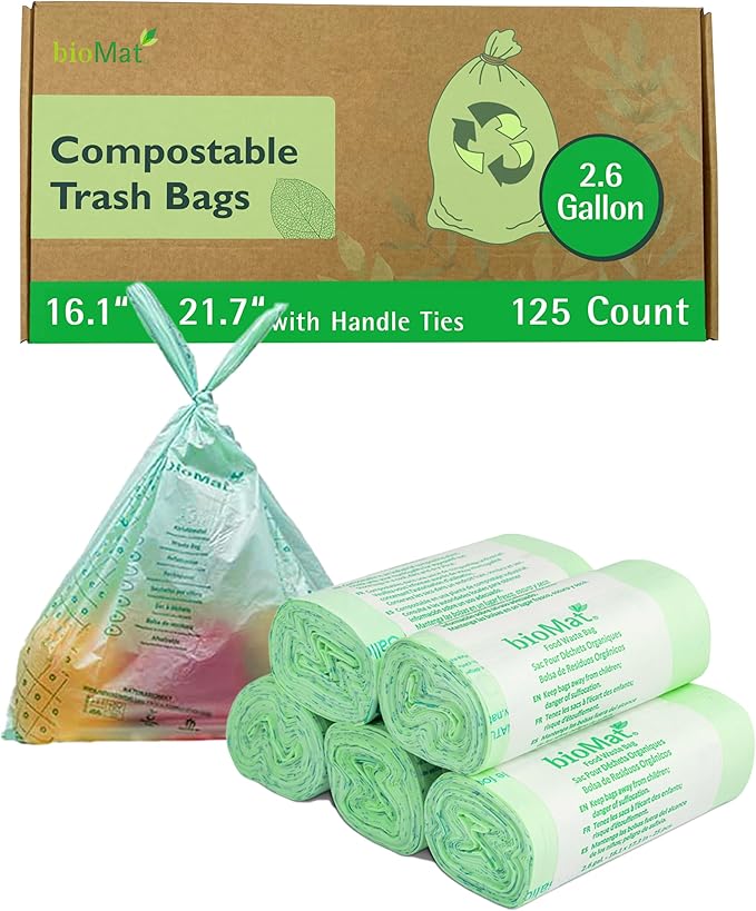 bioMat 2.6 Gallon Compostable Trash Bags with Handle Ties, 150 Count, Compost Bags for Garbage Bins, BPI ASTM D6400 and CMA Certified Trash Bags