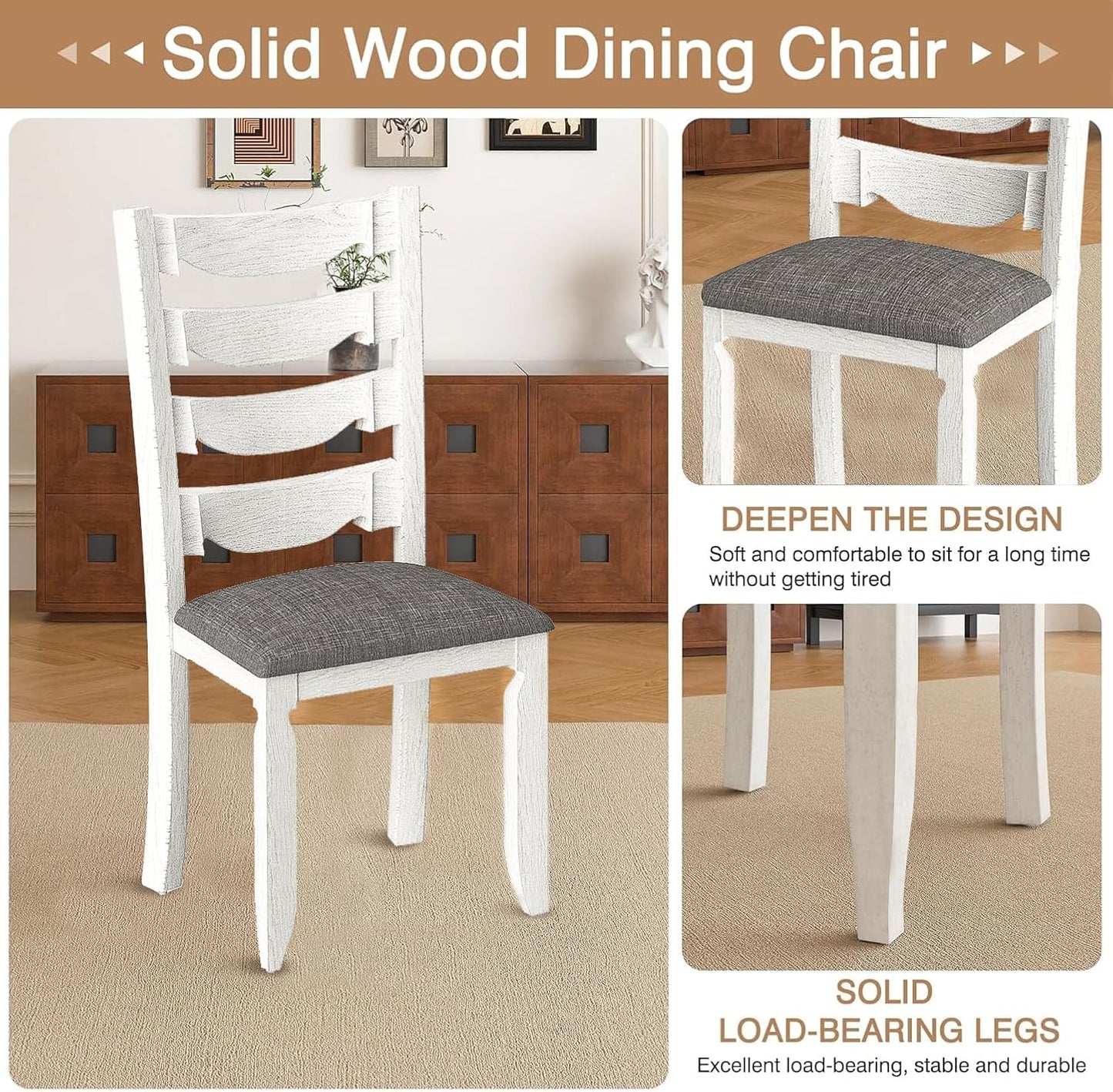 Solid Wood Dining Chair Set of 4, Kitchen Dining Room Chair with Upholstered Cushion & Wooden Legs, Modern Wood Side Chairs for for Kitchen, Washed Gray