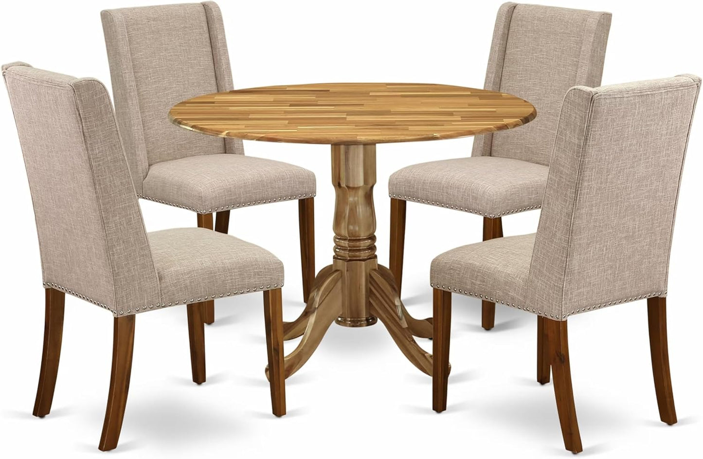 East West Furniture DLFL5-ANA-04 5 Piece Dining Room Furniture Set Includes a Round Dining Table with Dropleaf and 4 Light Tan Linen Fabric Parsons Chairs, 42x42 Inch, Natural