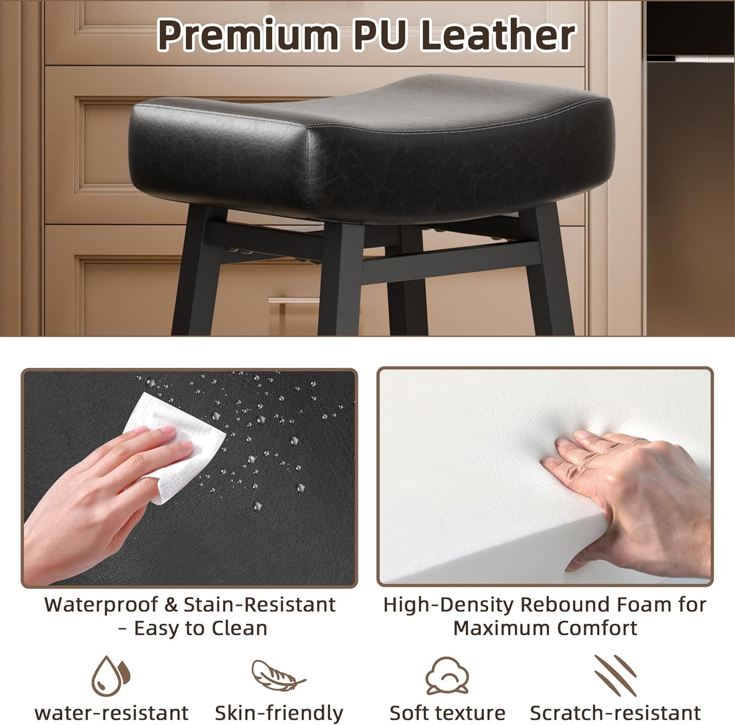 Counter Height Bar Stools Set of 6, 24 Inch Backless BarStools for Kitchen Island Leather Saddle Bar Chairs Kitchen Stools with 4" Thick Seats & Heavy Duty Metal Base, Black
