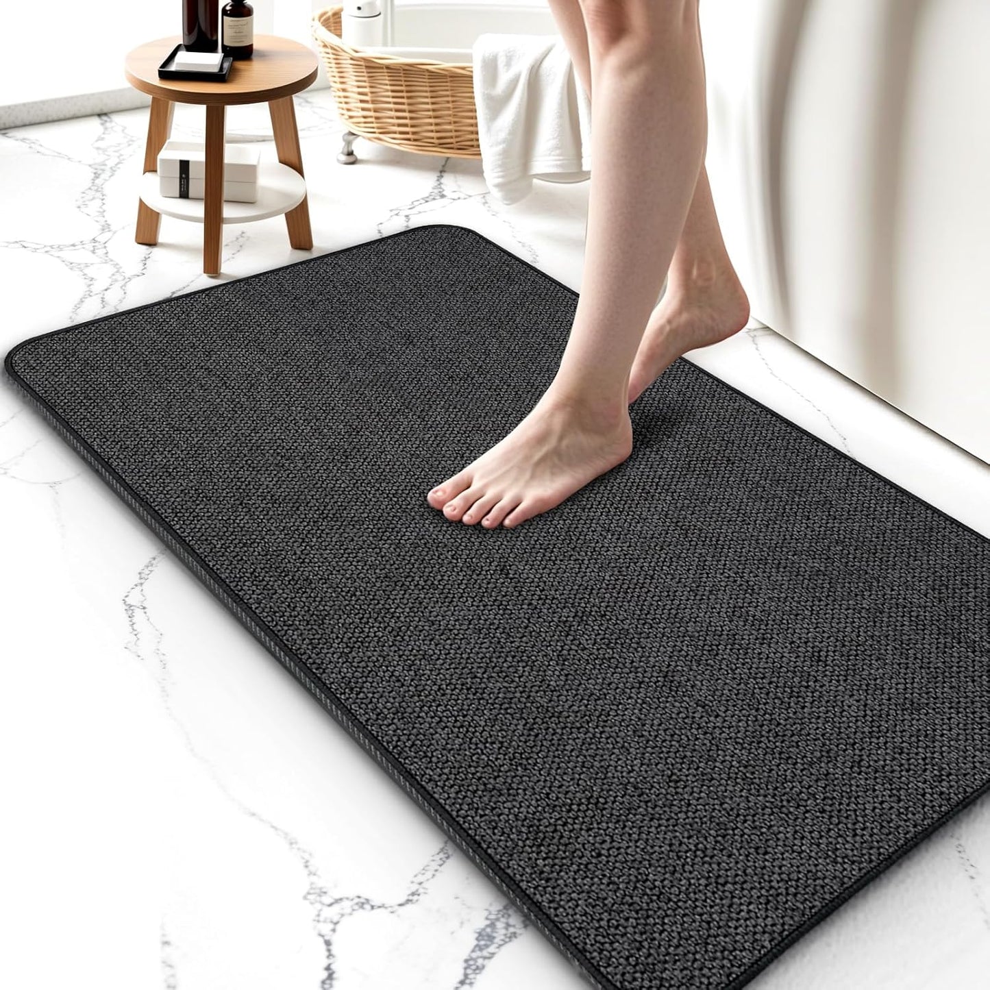 Upgraded Bathroom Rugs 24x48Inch, Thin Bath Mat with Rubber Backing Non-Slip, Absorbent,Quick Dry Machine Washable, Home Decor Accessories Cozy Cloth Bathroom Mat fit Under Door/Sink/Tub/Shower-Black