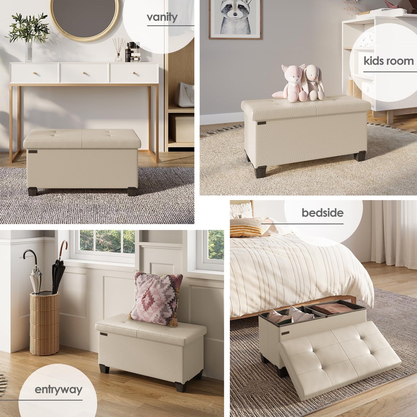 STORAGEBUD Storage Ottoman Bench with Bins, 30-in Storage Bench for Bedroom End of Bed, Folding Foot Rest Ottoman for Living Room Max 660lbs, Faux Leather Ottomans, Beige