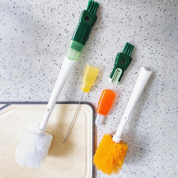 5-in-1 Bottle Brush Set (1Pc Orange), Long Handle Bottle Cleaning Brush Straw Brush Nipple Brush Hard-Corner Brush for Sports Water Bottles Caps Mugs Glasswares Tumblers Wine Decanters