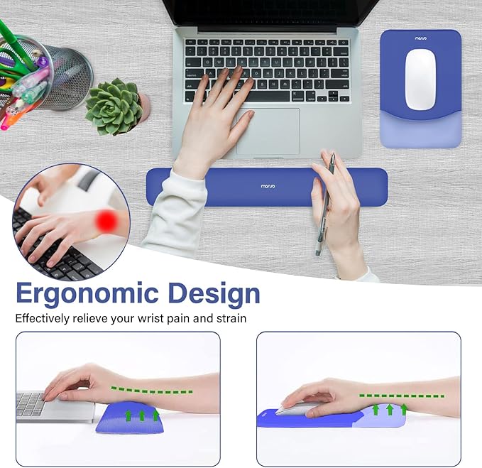 MOSISO Wrist Rest Support for Mouse Pad&Keyboard Set, Rectangular Ergonomic Mousepad Non-Slip Base Home/Office Pain Relief&Easy Typing Pad with Neoprene Cloth&Raised Silicone Lining, Royal Blue