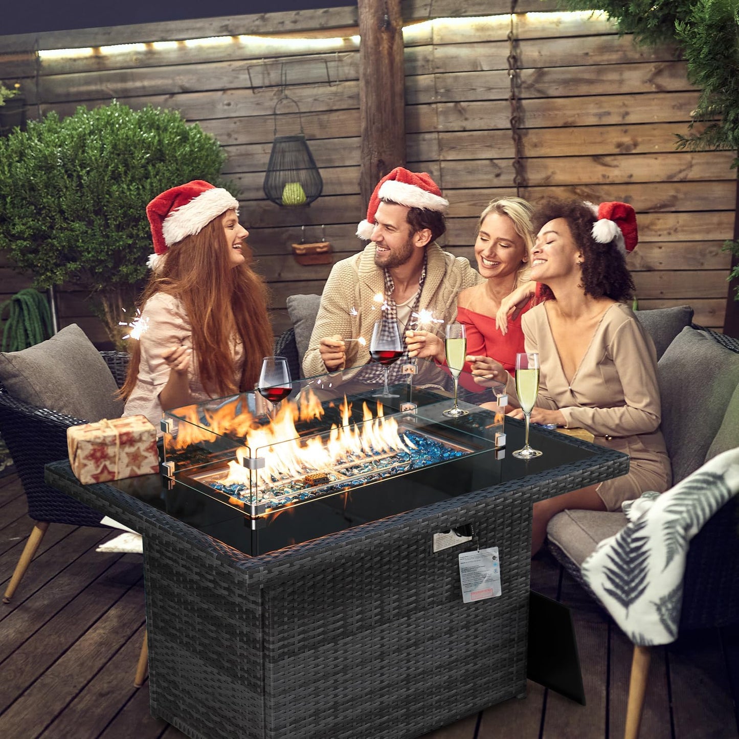 BULEXYARD PE Wicker 43" Patio Outdoor Propane Fire Pit Table with Waterproof Cover 55,000 BTU Auto-Ignition Gas Fire Pit Table with 8mm Tempered Glass Table Top and Glass Stone (Grey)