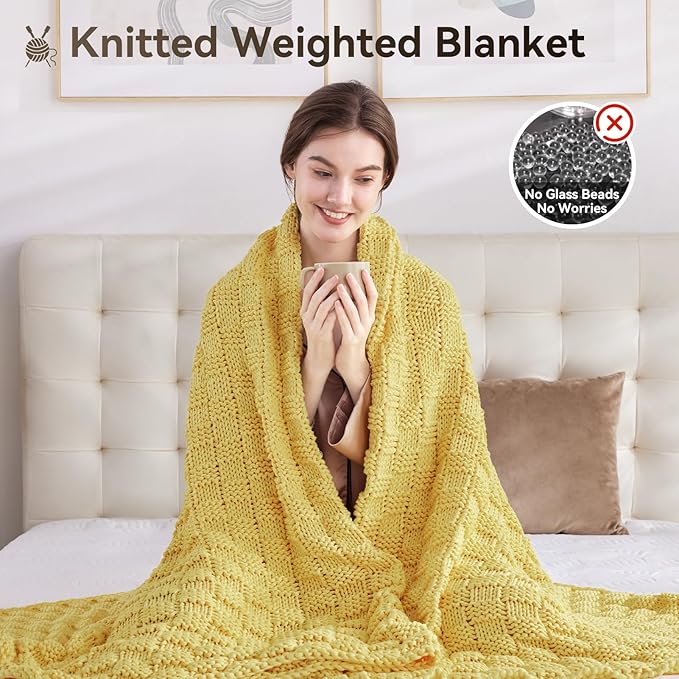 Knitted Weighted Blanket for Adult, No Beads Heavy Blanket 50” x 60'' 7lbs, Breathable Chunky Knit Blanket, Cooling Weighted Blanket for Hot Sleepers, Christmas Home Decor (Yellow)