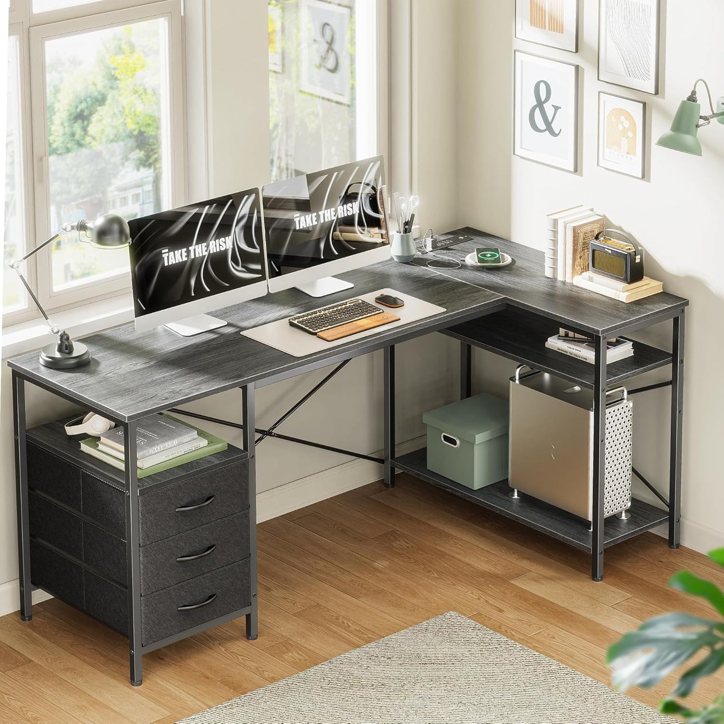 Huuger L Shaped Office Desk with Power Outlets, 55 Inch Computer Desk with 3 Drawers, Shelves, Reverisble for Gaming Corner Work Home Office Study, Grey