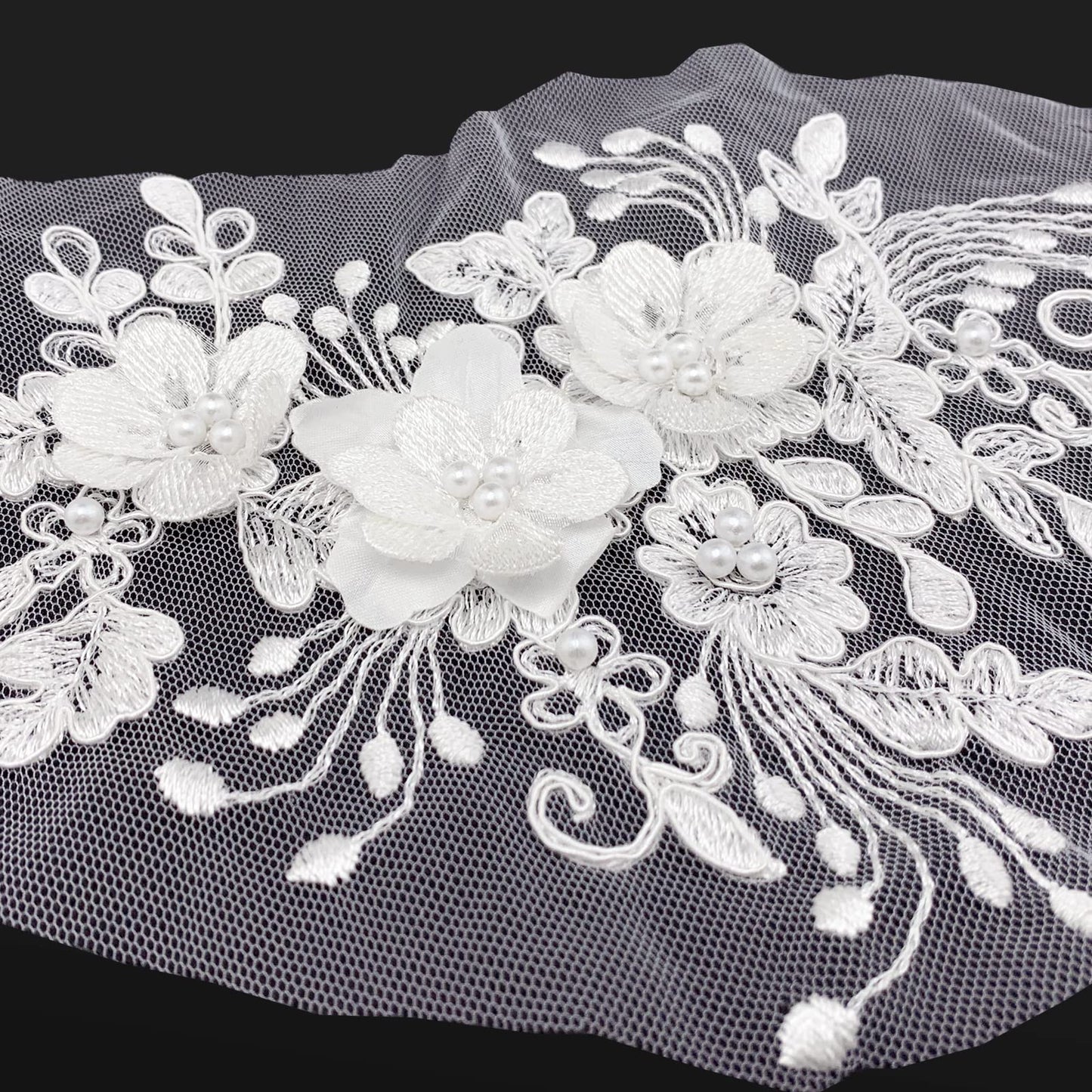 2Pcs Pearl Flower Embroidery Lace Patches 3D White Floral Embroidered Sew on Appliques for Wedding Dress Gown Headpiece Clothing Accessories Home Decoration Craft DIY