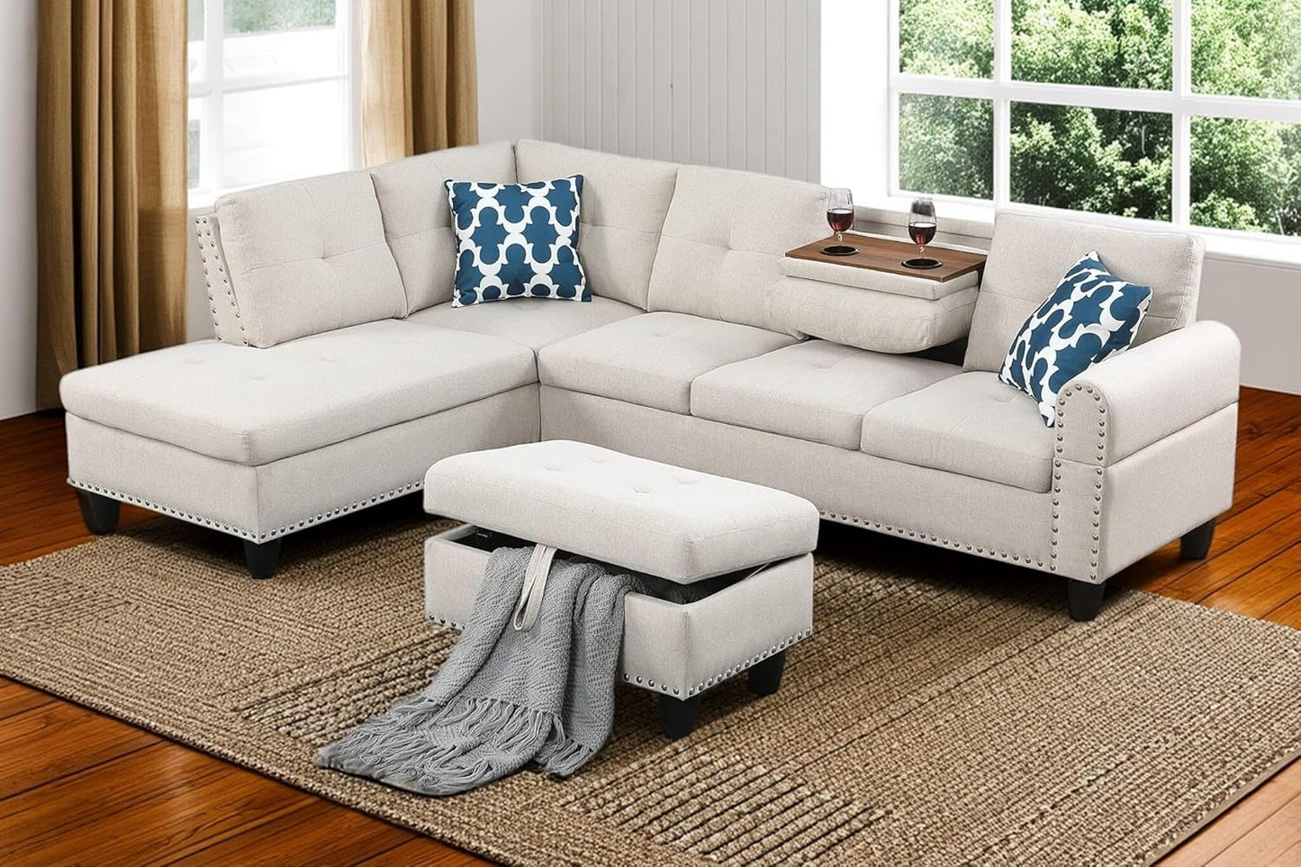 98 Inch L Shaped Sectional Sofa with Chaise Lounge, Storage Ottoman and 2 Pillows, 4-Seaters Linen Upholstered Tufted Couch w/Cupholder & Nailhead Trim for Living Room, Office, Beige
