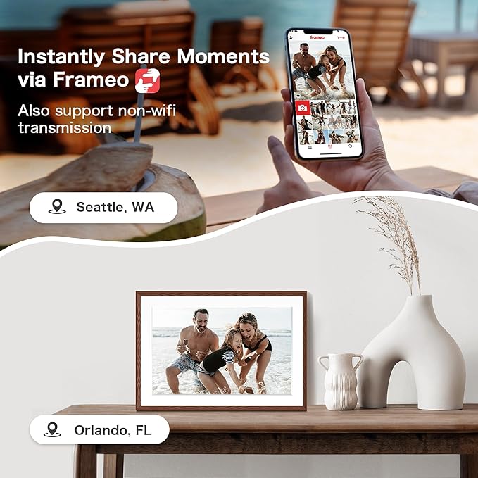 Digital Picture Frame, 10.1'' Frameo Digital Frame Wifi, 32GB Memory, 1280*800 HD Touch Screen Digital Photo Frame, Wall Mountable, Share Instantly, Birthday Gifts for Women, Mom Gift, Chocolate Brown