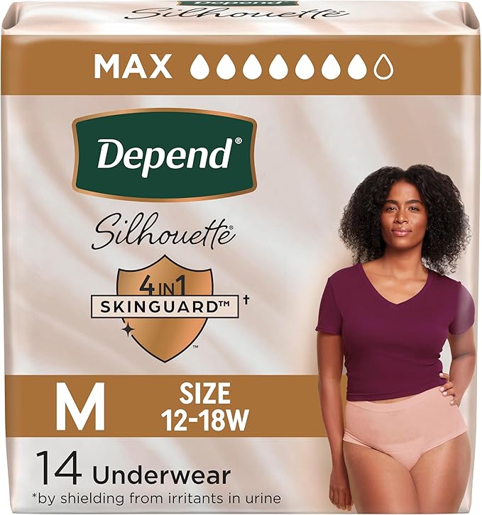 Depend Silhouette Adult Diapers, Incontinence & Postpartum Bladder Leak Underwear for Women, Maximum Absorbency, Medium, Pink, 14 Count, Packaging May Vary