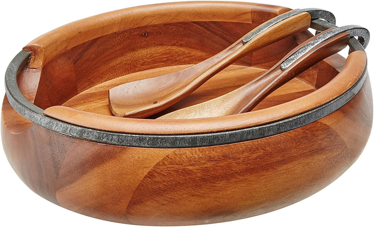 nambe Anvil Salad Bowl with Servers | Large Wooden Serving Bowl for Fruit, Salads | Made of Acacia wood and Iron Finished Nambe Alloy | Designed by Neil Cohen