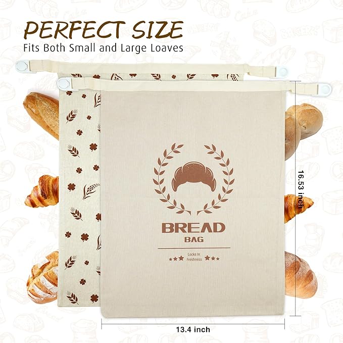 Bread Bags For Homemade Bread,2 Pack Cotton Beeswax Bread Bags For Sourdough,Waxed,Reusable Cloth Bread Bag With Locks For To Go Picnic Food Packaging