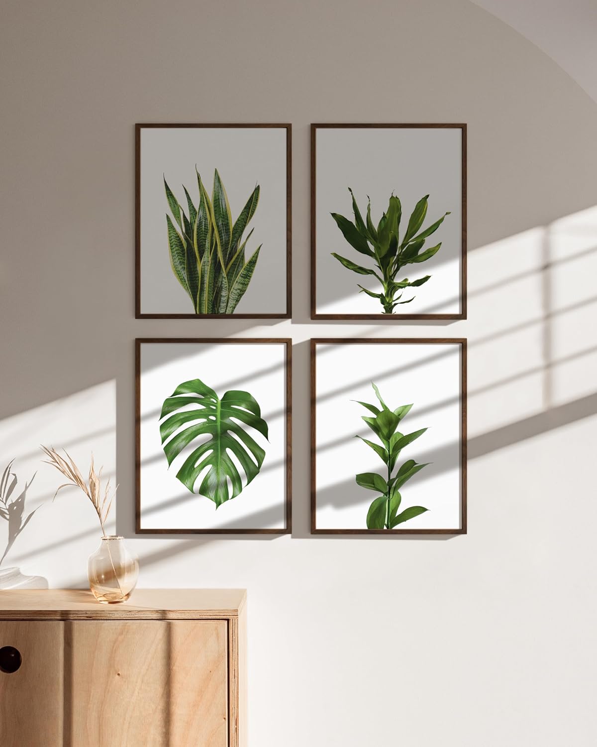 HAUS AND HUES Plant Wall Art - Set of 4 Plant Pictures and Green Wall Art Collection, Botanical Prints, Sage Green Leaves Paintings For Wall, Minimalist Poster (Walnut Frame, 11x14)