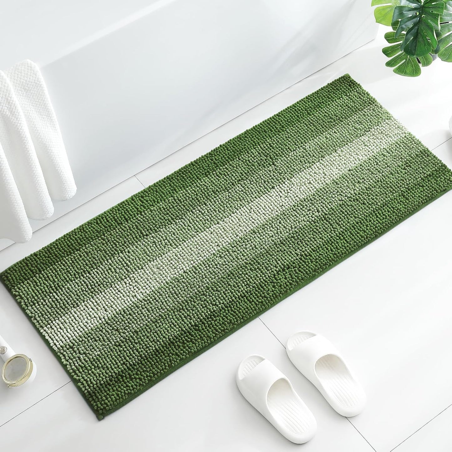 Gibelle Long Bathroom Rugs, Luxury Chenille Bath Mat, Small Non Slip Shower Rug and Bath Room Floor Mats, Machine Washable, Quick Dry Bathmat, Soft Cozy Plush Rug for Tub, 20" x 47", Green