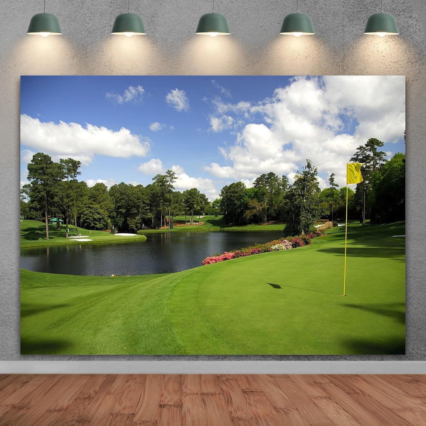 Golf Course Backdrop 15x10ft Green Grass Bush Stake Hole Water Hazard Backgrounds Golf Theme Sports Party Decorations Holiday Vacation Banner Photo Shoot Props